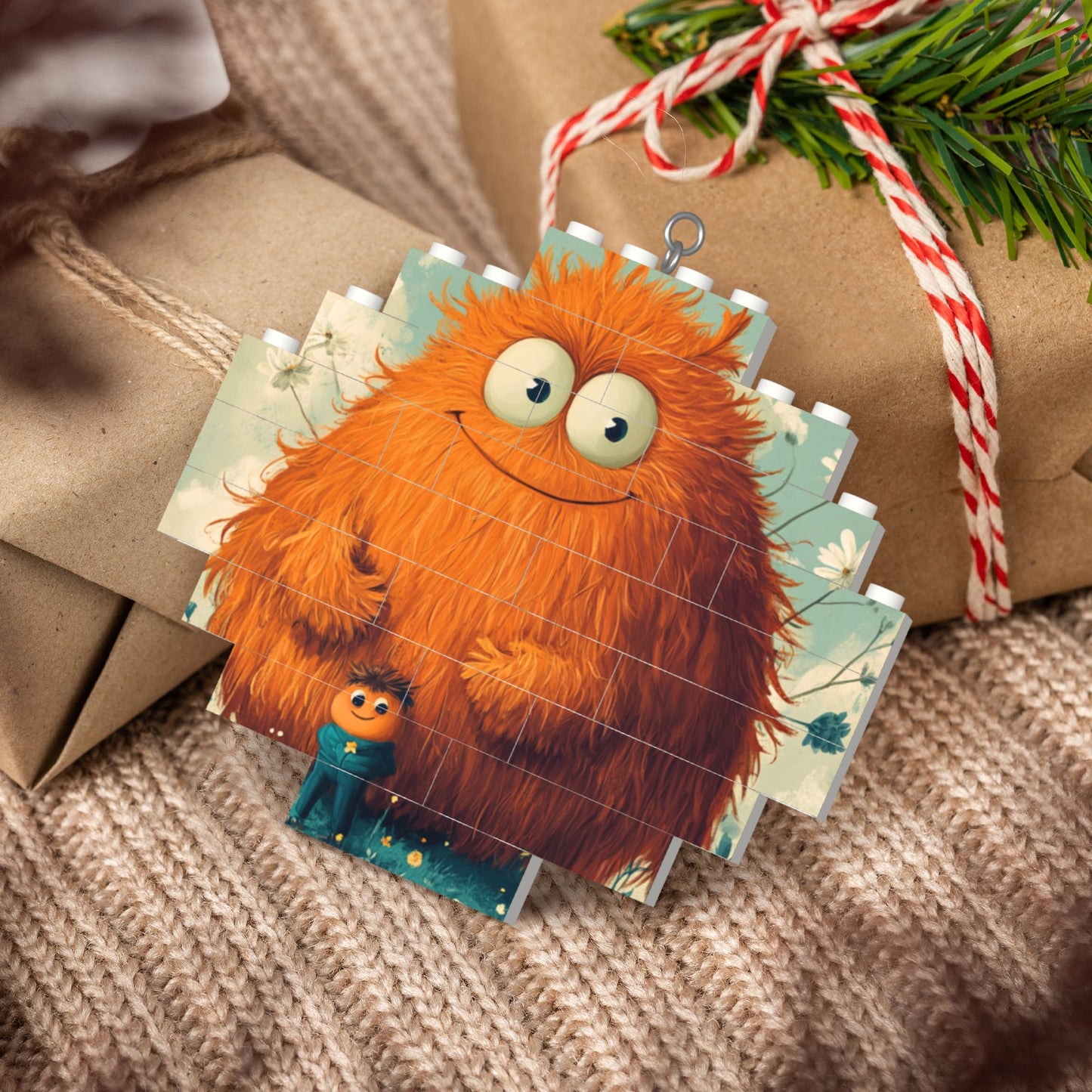Warm Orange Fluffy Monster Puzzle Hanging Ornament - Creative DIY Building Block Home